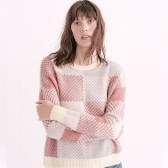 Abercrombie & Fitch Plaid Crew Mohair Blend Sweater Mauve/Grey/Cream size Small - Picture 1 of 10